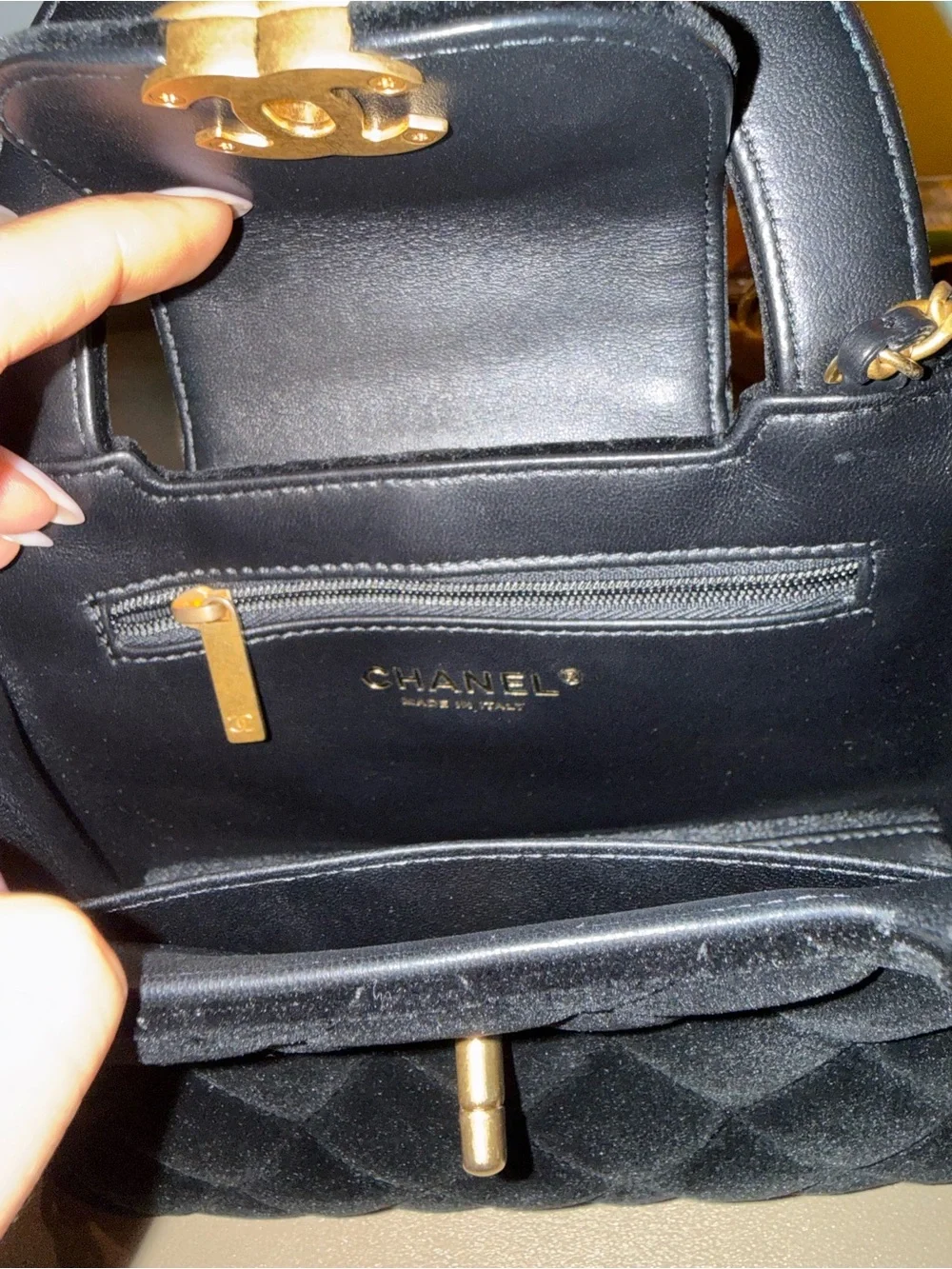 CHANEL Black Quilted Kelly Velvet Top-Handle Bag with Gold CC Hardware